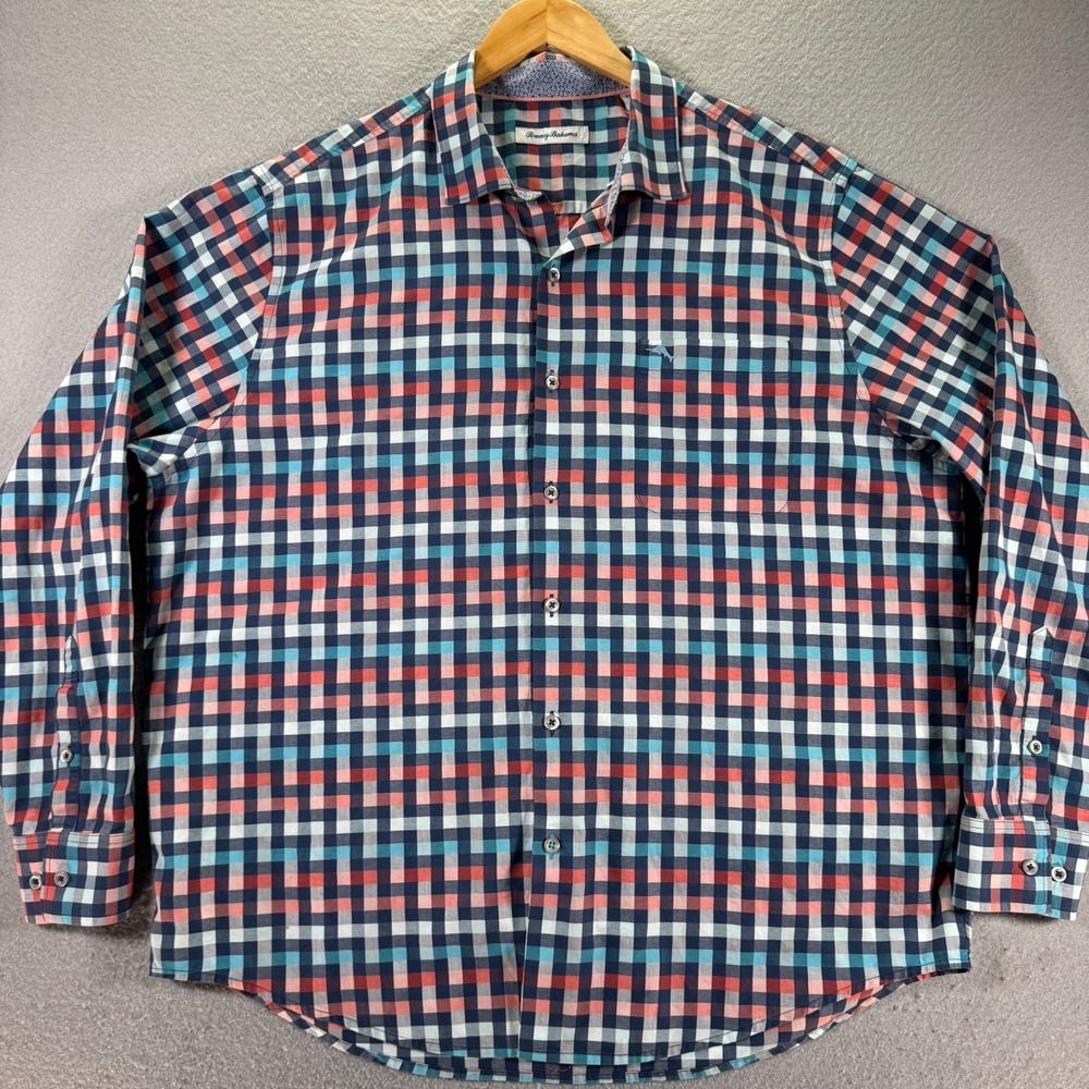 Tommy Bahama‎ Button Down Shirt Mens XL Blue Plaid Pocket Comfort Classic Casual